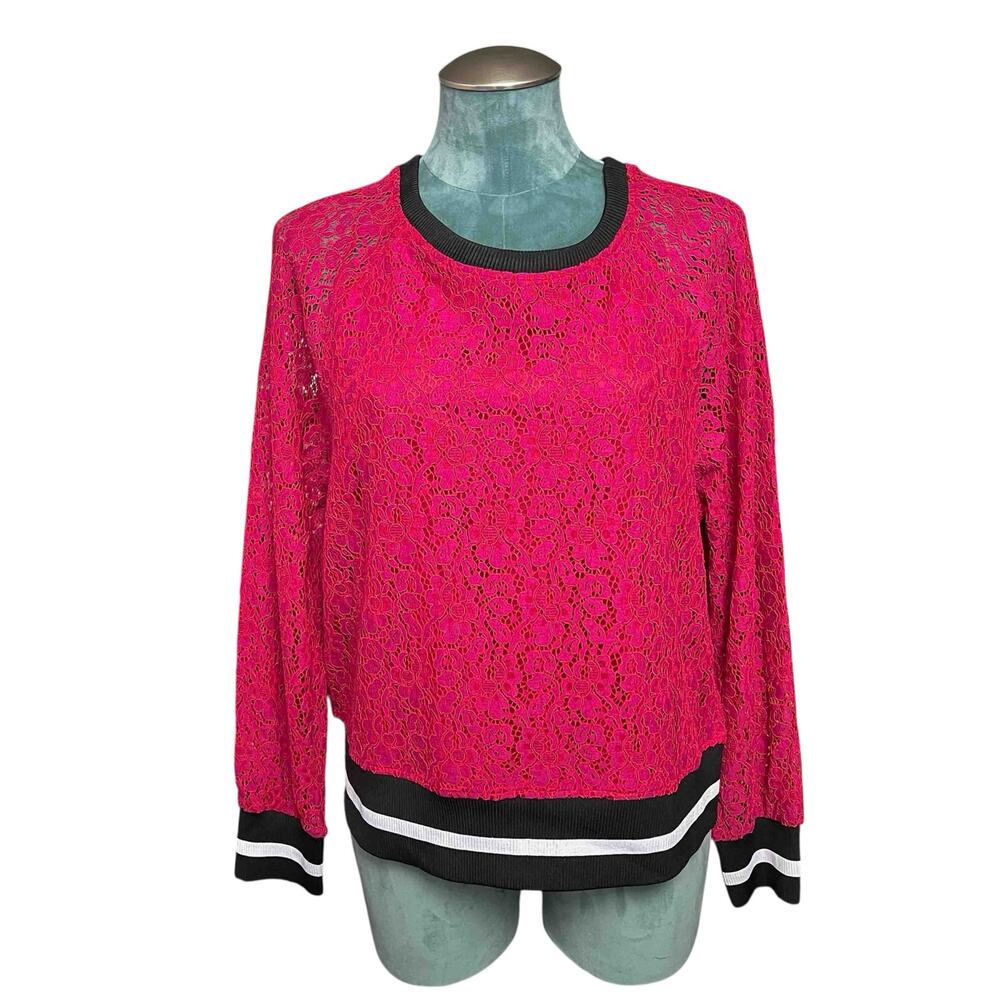 Alice Blue Lace Long Sleeve Top – Hot Pink with Black & White Trim – Size XL